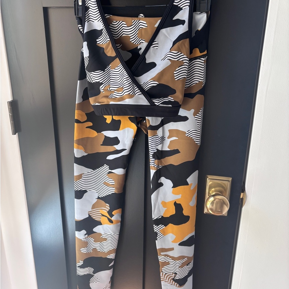 Noli Camo-Print Leggings & Wrap Jumpsuit Set in Black, White & Tan